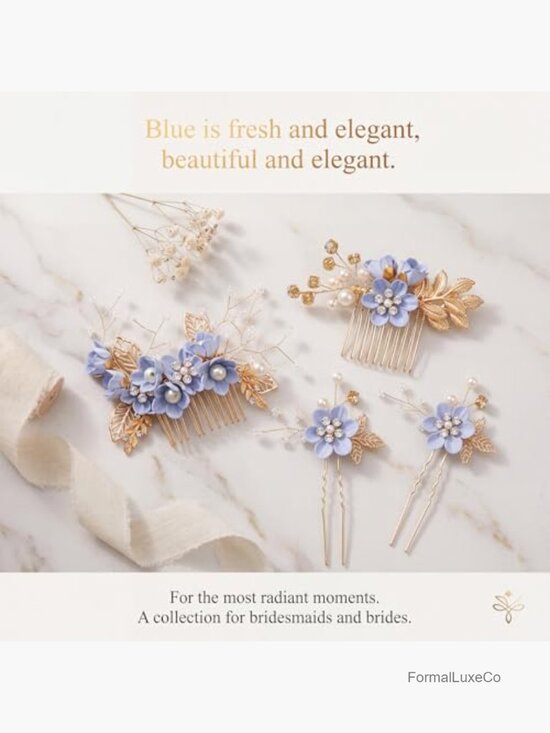 12Pcs Golden Leaf Hair Comb Set Bridal Pearl Hairpins Blue Flower Wedding Hair main image 4
